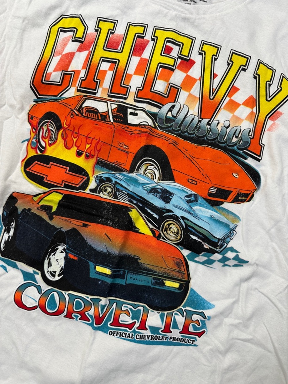Chemistry White Graphic Tee with Orange, Blue and Yellow Corvette Print